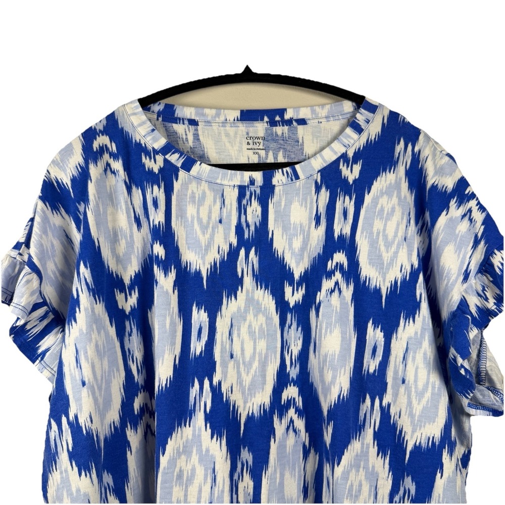 Crown & Ivy Tee Top Size XXL Tie Dye‎ Print Short Ruffled Sleeves Boho Navy Top